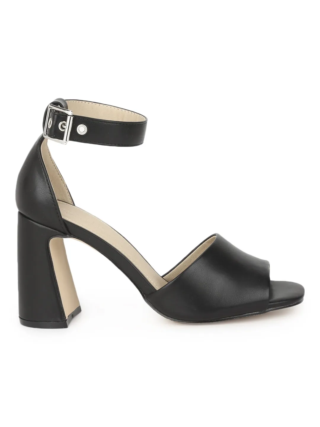 Black PU Mid Block Heels with Buckle Strap