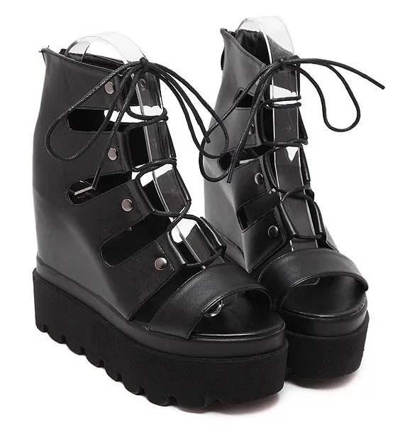 Punk Rock Black Gladiator Strappy Platforms Wedges Sandals