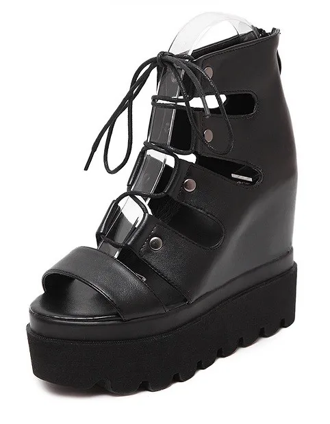 Punk Rock Black Gladiator Strappy Platforms Wedges Sandals