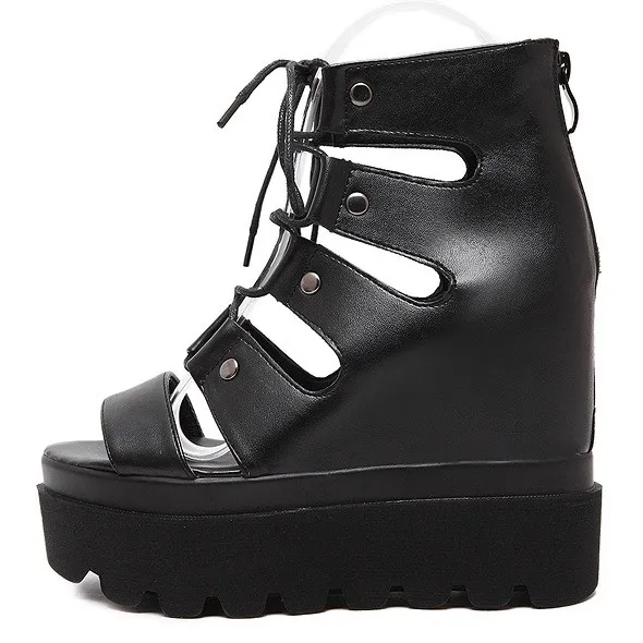 Punk Rock Black Gladiator Strappy Platforms Wedges Sandals