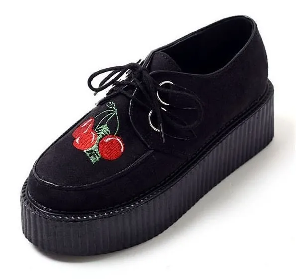 Black Suede Cherry Embroidery Platforms Creepers Oxfords