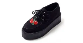 Black Suede Cherry Embroidery Platforms Creepers Oxfords