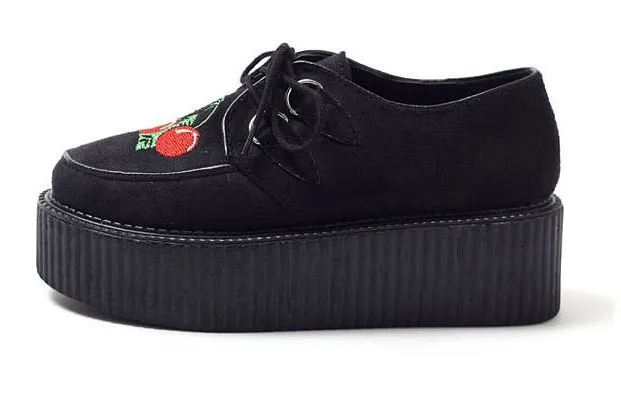 Black Suede Cherry Embroidery Platforms Creepers Oxfords