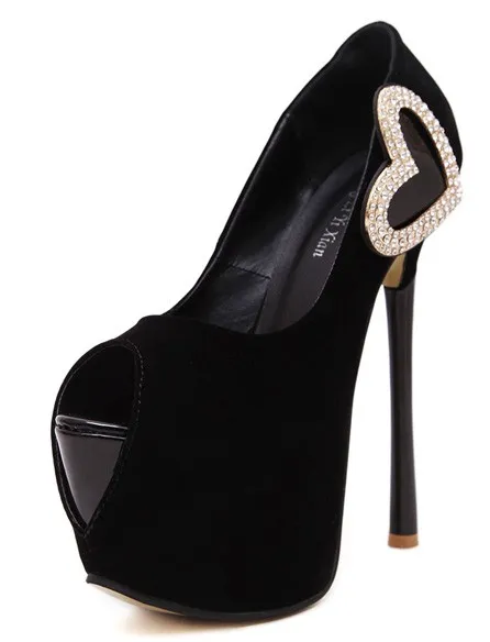 Black Suede Heart Peep Toe Platforms