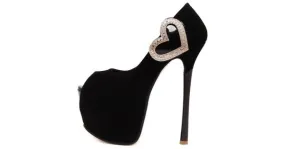 Black Suede Heart Peep Toe Platforms