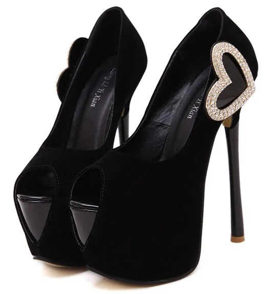 Black Suede Heart Peep Toe Platforms