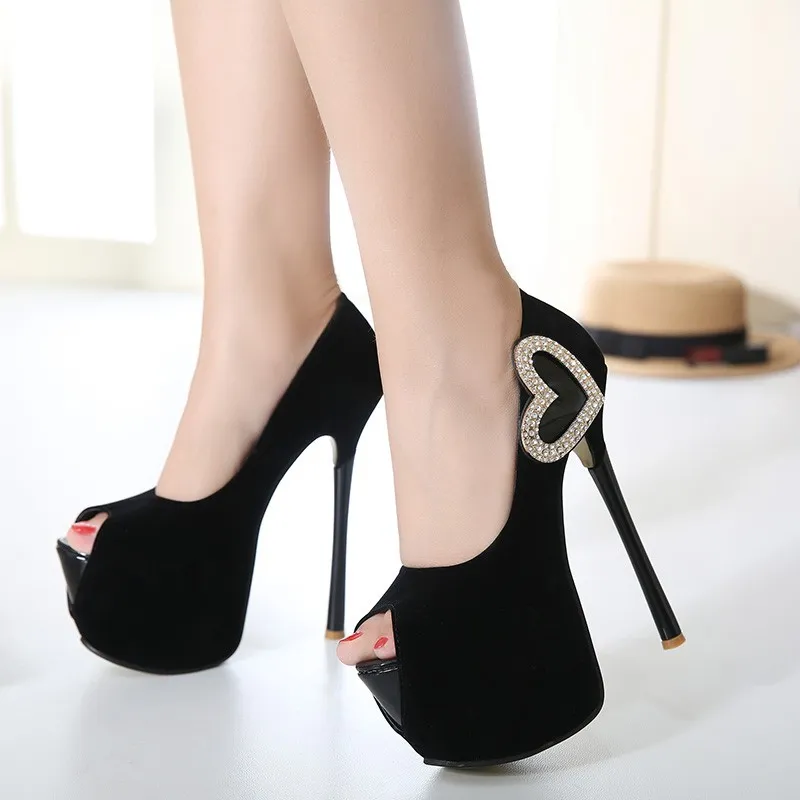 Black Suede Heart Peep Toe Platforms