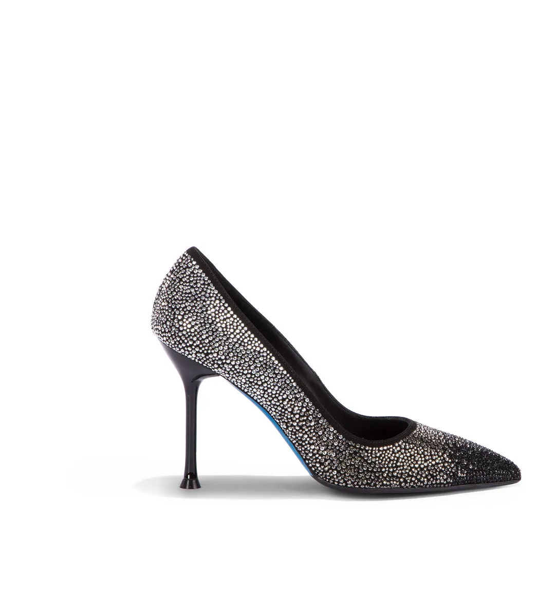 Black suede pumps with crystal embellishments.