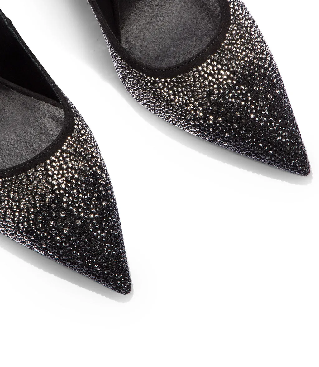 Black suede pumps with crystal embellishments.