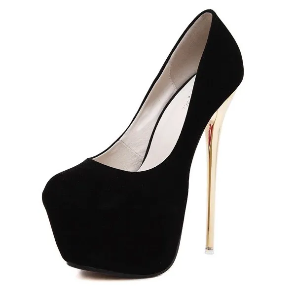 Black Suede Stage Gold Stiletto Platforms