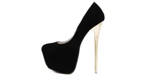 Black Suede Stage Gold Stiletto Platforms