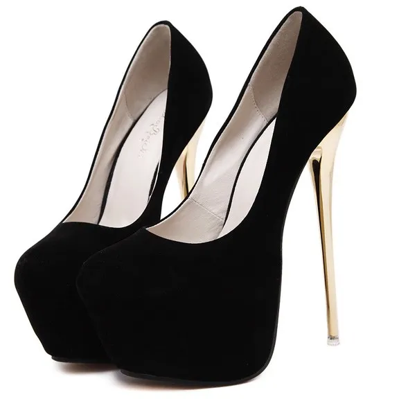 Black Suede Stage Gold Stiletto Platforms