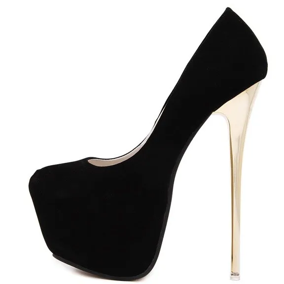 Black Suede Stage Gold Stiletto Platforms