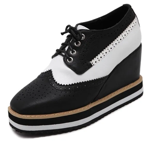 Black White Lace Up Platform Wedge Oxfords