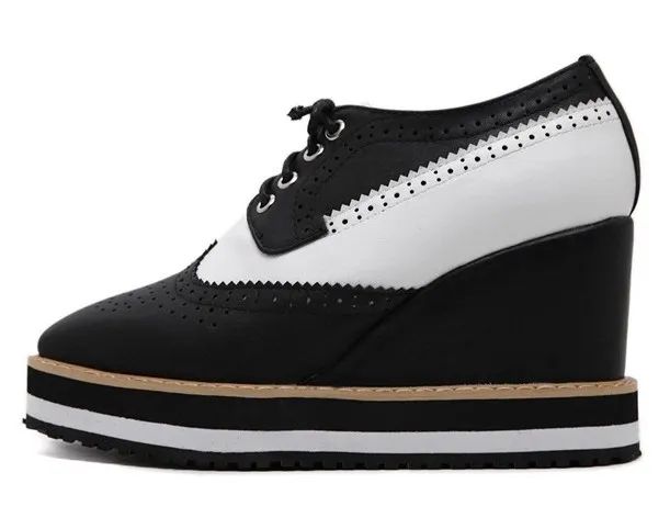 Black White Lace Up Platform Wedge Oxfords