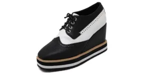 Black White Lace Up Platform Wedge Oxfords