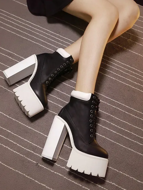 Black White Chunky Sole Platforms with High Heels and Block Sneaker Styling