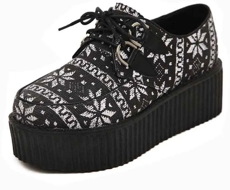 Monochrome Snow Flakes Lace Up Platforms Oxfords Creepers