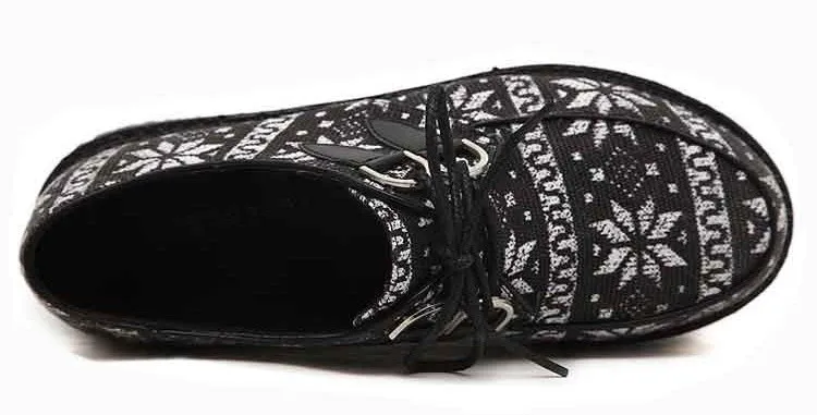 Monochrome Snow Flakes Lace Up Platforms Oxfords Creepers