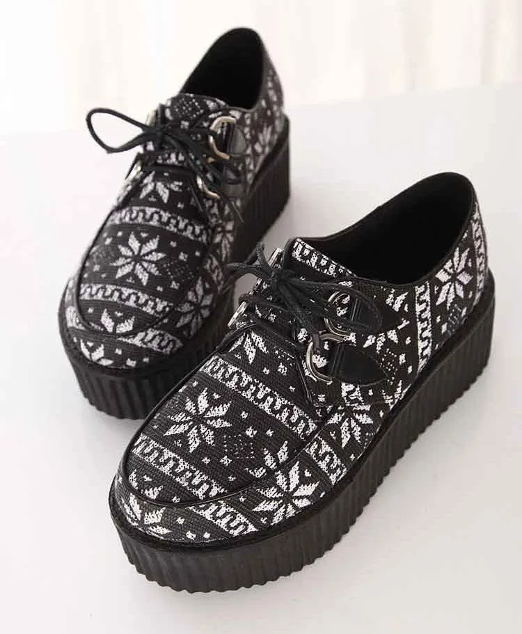 Monochrome Snow Flakes Lace Up Platforms Oxfords Creepers