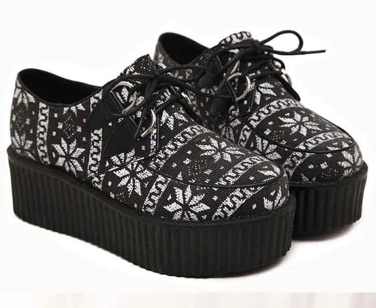 Monochrome Snow Flakes Lace Up Platforms Oxfords Creepers