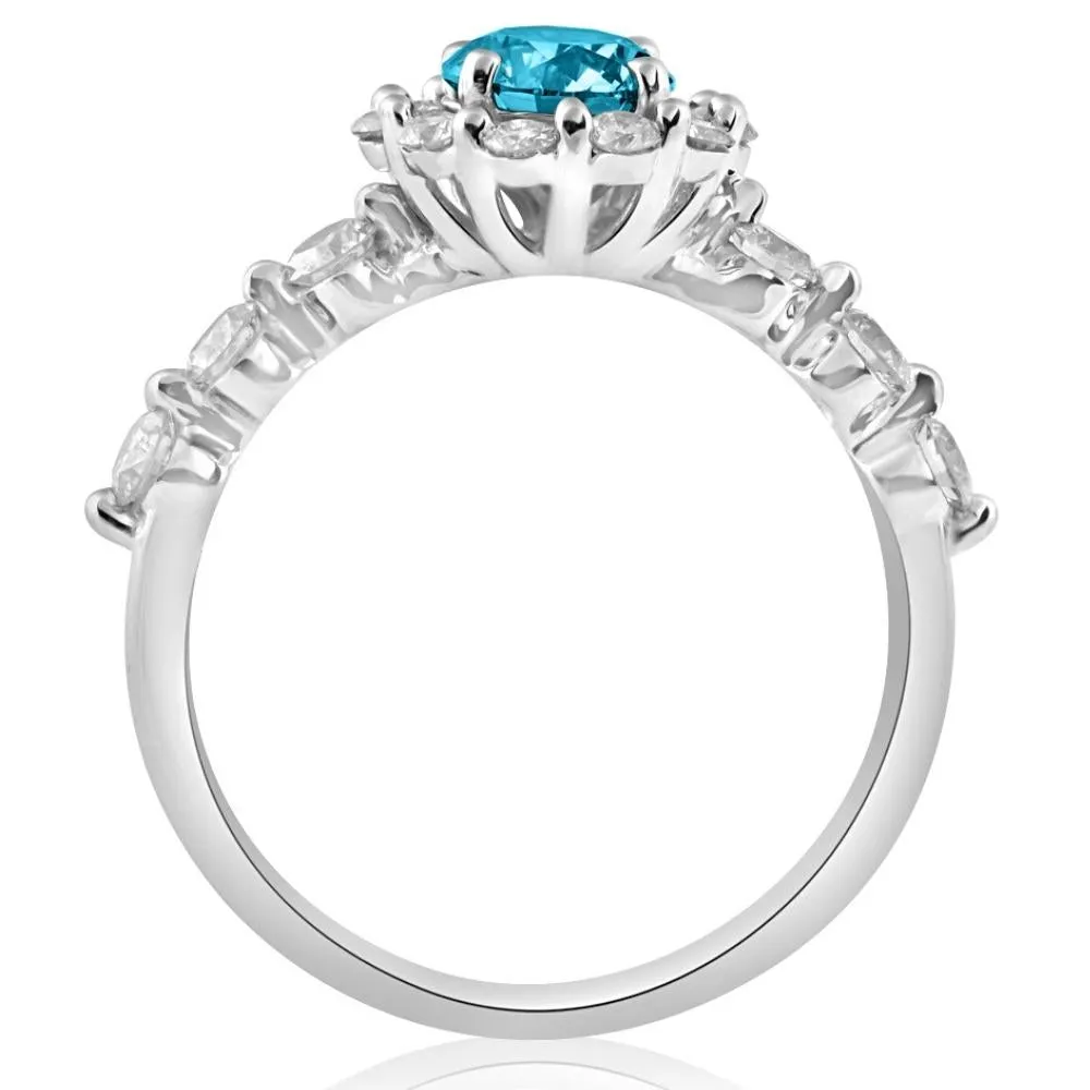 Blue & White Diamond Halo Engagement Ring | 1.5 Ct | 10k White Gold