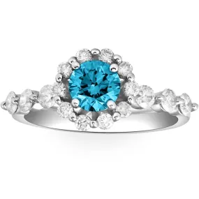 Blue & White Diamond Halo Engagement Ring | 1.5 Ct | 10k White Gold