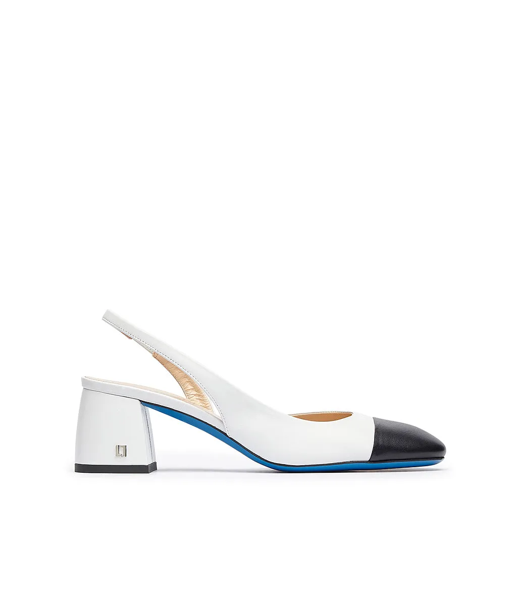 Blue and white leather slingback pumps.