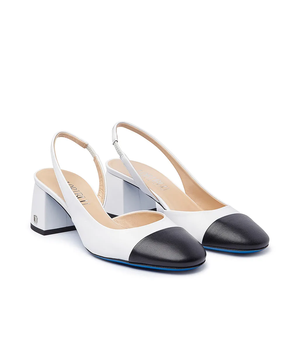 Blue and white leather slingback pumps.