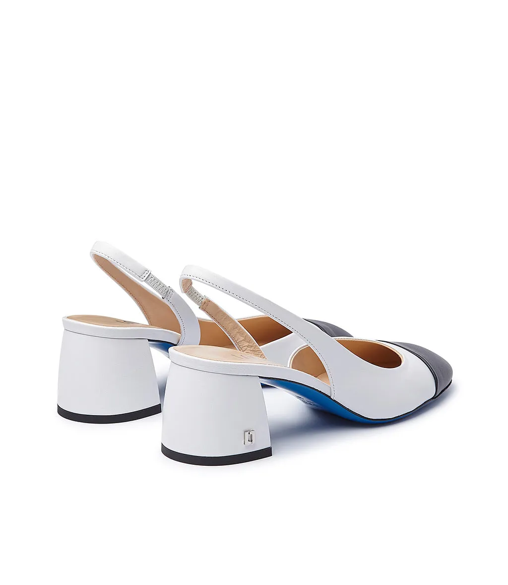 Blue and white leather slingback pumps.