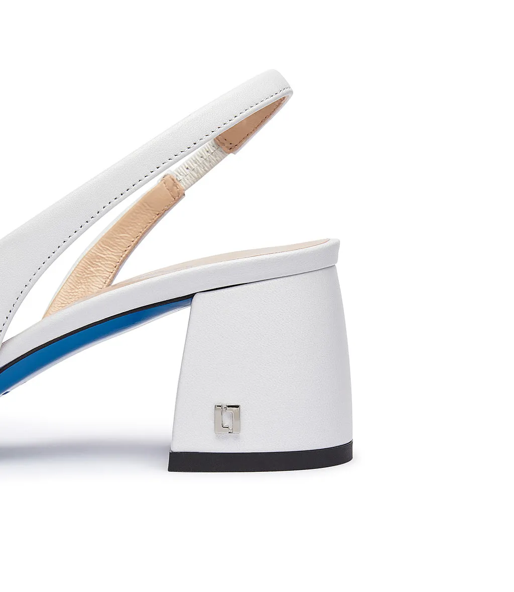 Blue and white leather slingback pumps.