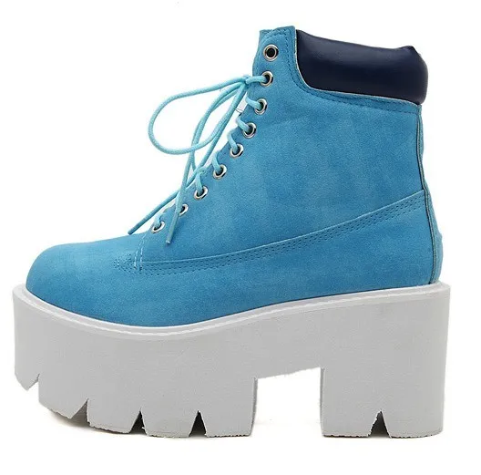 Chunky Blue Lace-Up Platform Boots with White Sole