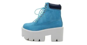 Chunky Blue Lace-Up Platform Boots with White Sole