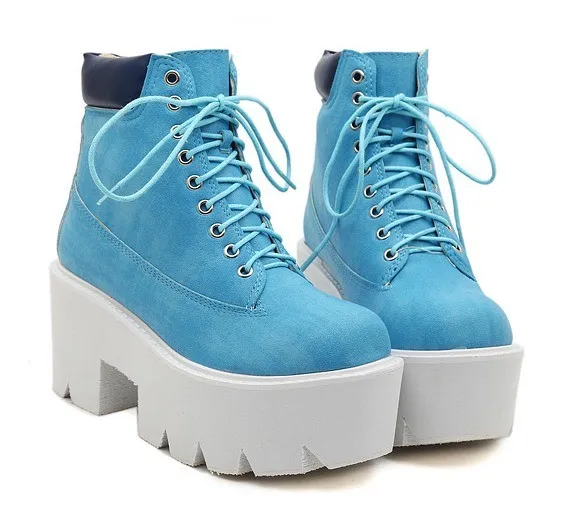 Chunky Blue Lace-Up Platform Boots with White Sole