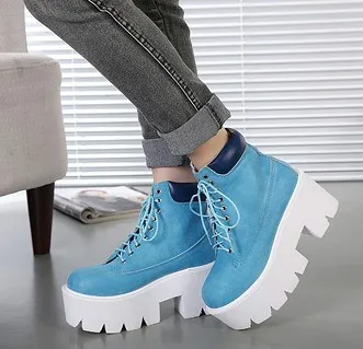 Chunky Blue Lace-Up Platform Boots with White Sole