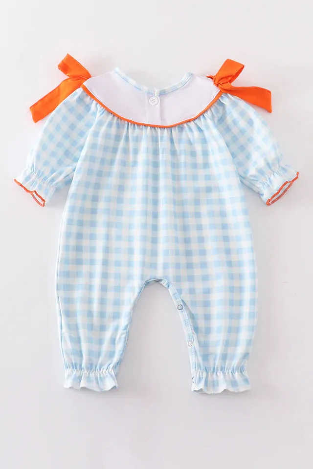 Blue Plaid Shoulder Bow Embroidery Girl Jumpsuit (NB-18m) - Blue Plaid