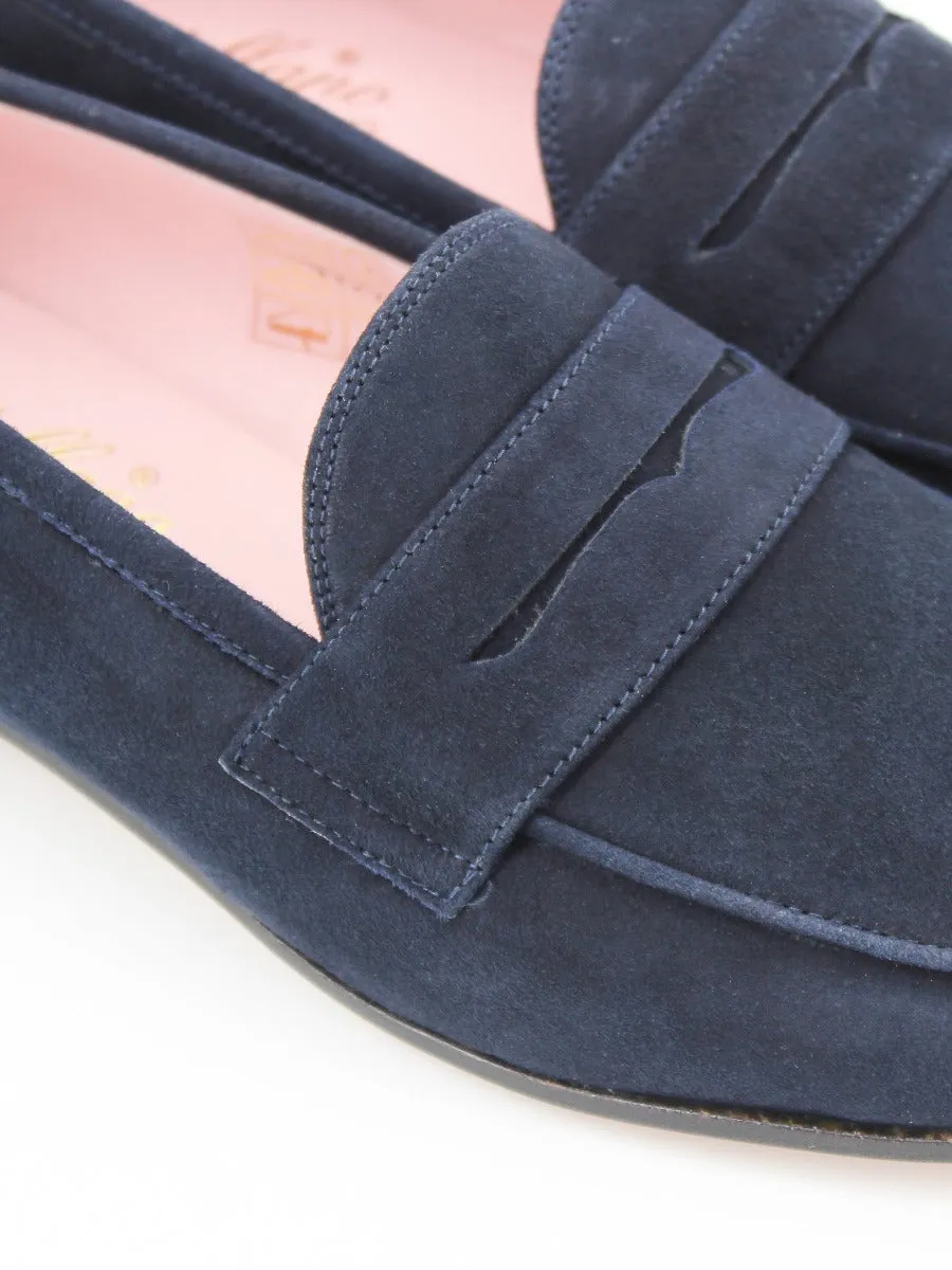 Blue suede Genoa loafers.