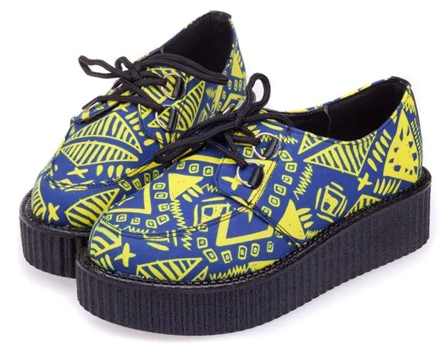 Tribal Totem Lace Up Blue Yellow Platforms Oxfords Creepers