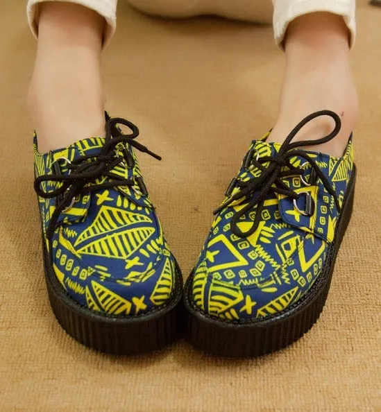 Tribal Totem Lace Up Blue Yellow Platforms Oxfords Creepers