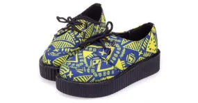 Tribal Totem Lace Up Blue Yellow Platforms Oxfords Creepers