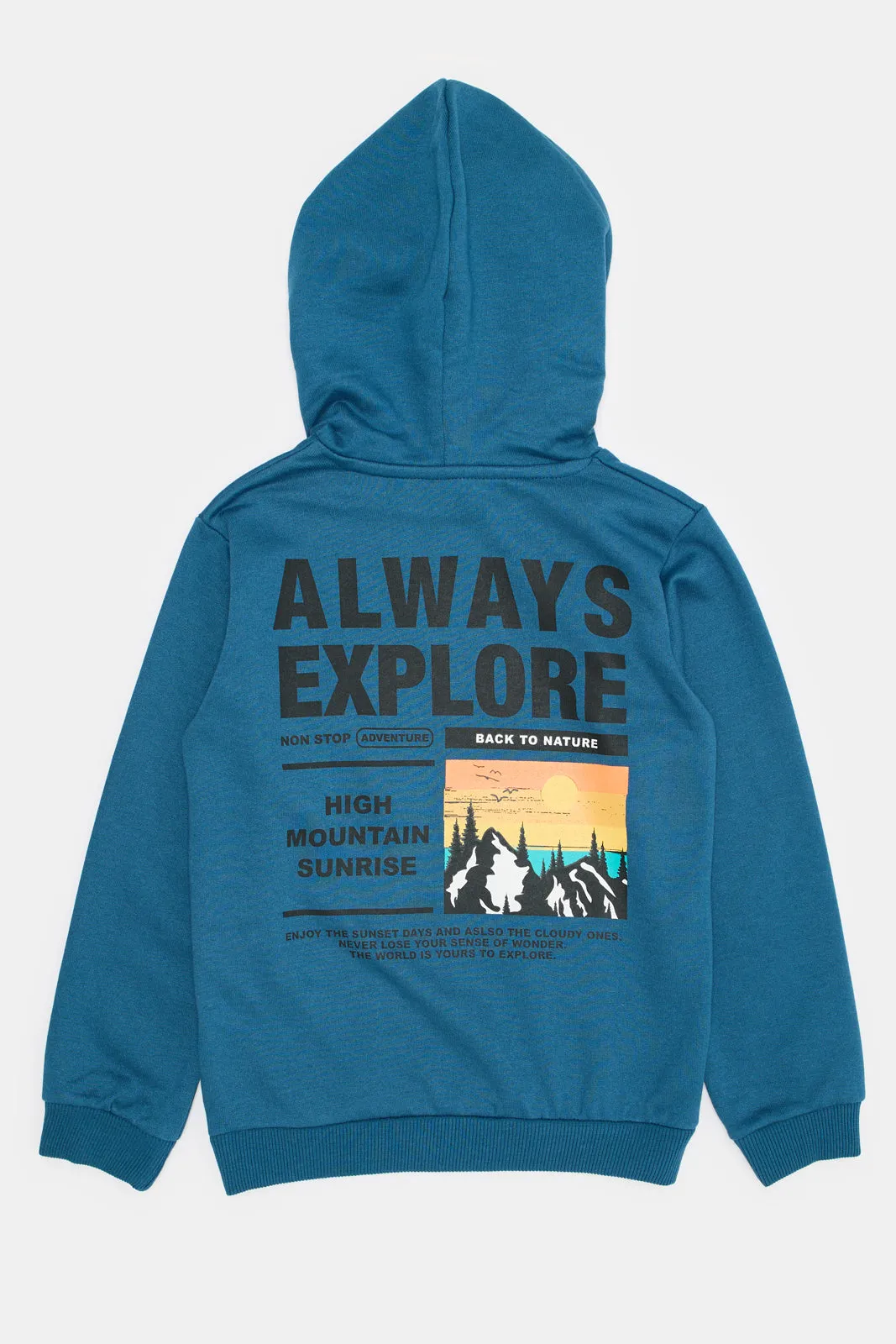 Boys Blue Front & Back Print Hooded Sweatshirt