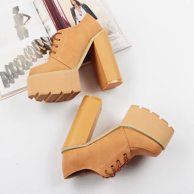 Chunky Sole High Block Heels Platforms Boots in Brown Camel Khaki