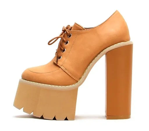 Chunky Sole High Block Heels Platforms Boots in Brown Camel Khaki