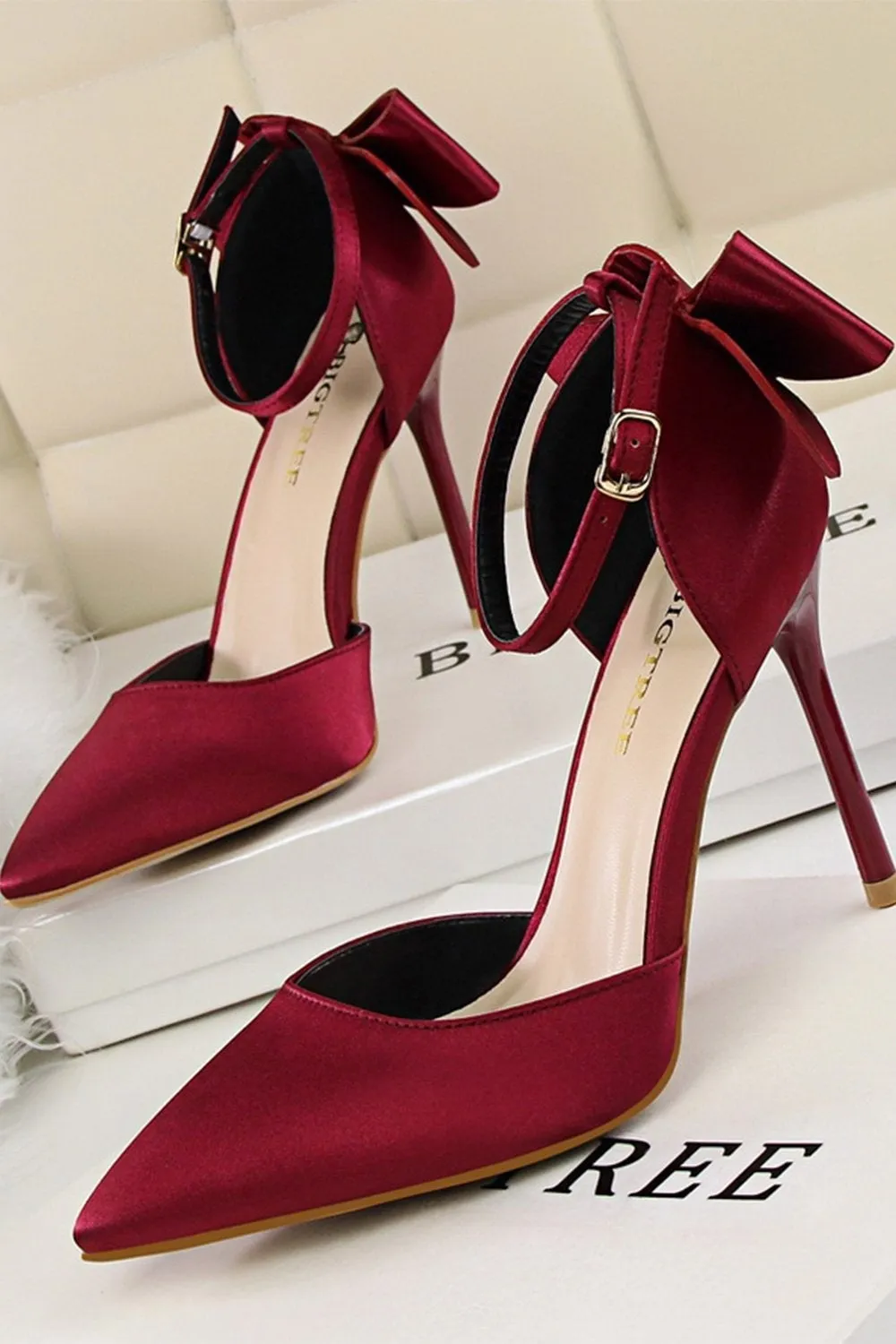 Burgundy Satin Prom Heels with Bowknot