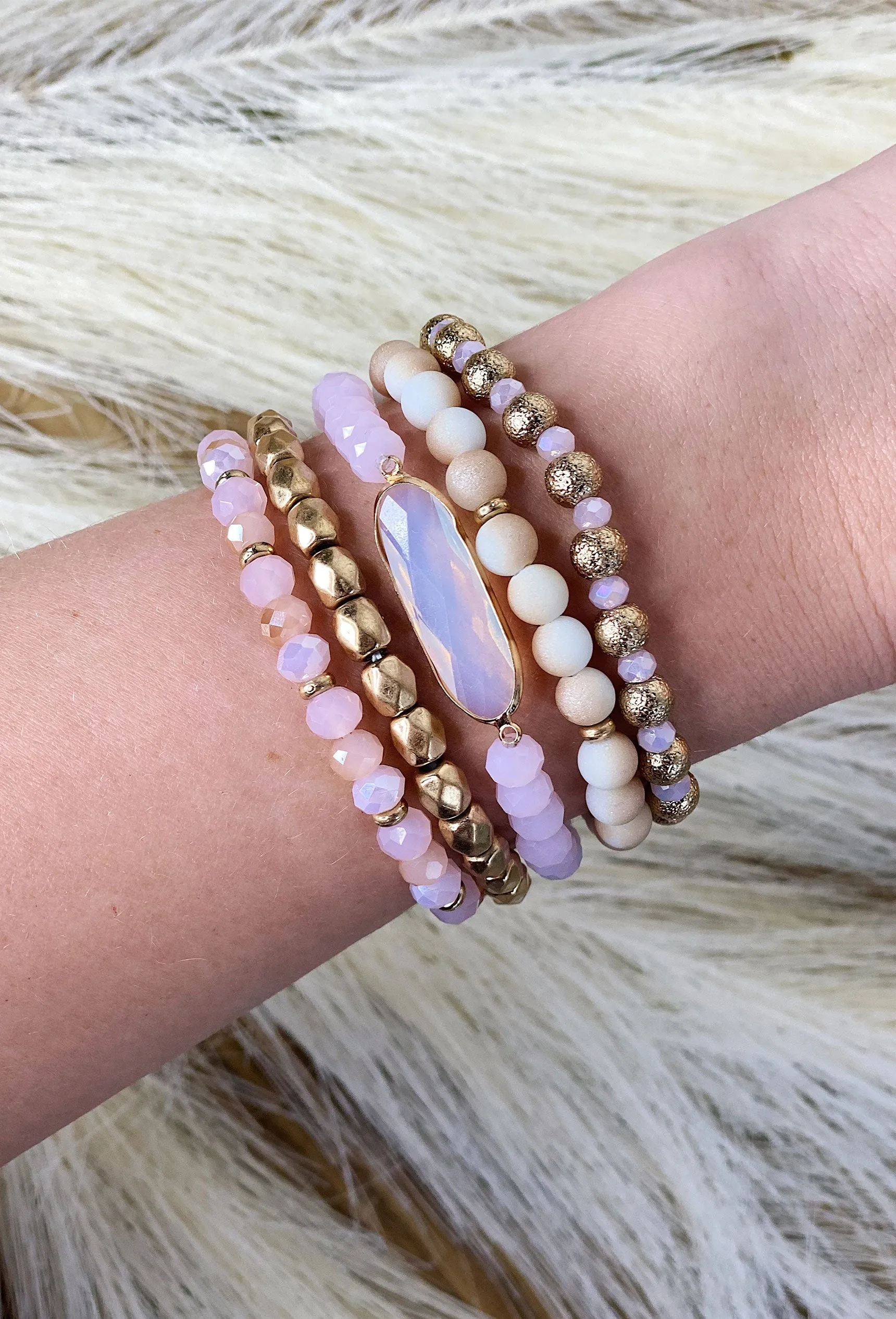 Pink Beaded Bracelet Set with Cascading Design