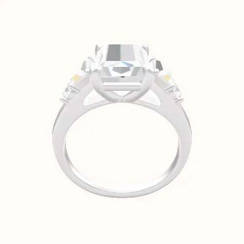 Cathedral Band with Trapezoid & Round Sidestones Engagement Ring With Low Set Four Prong Head