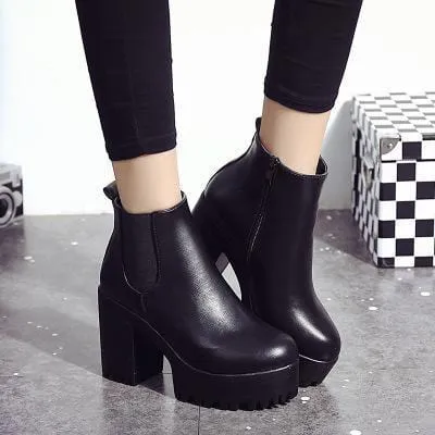 Thick Heel Leather Women's Ankle Winter Boots Flat Platform Chelsea 2019