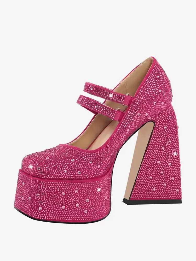 Chunky Heel Rhinestone Platform Pumps