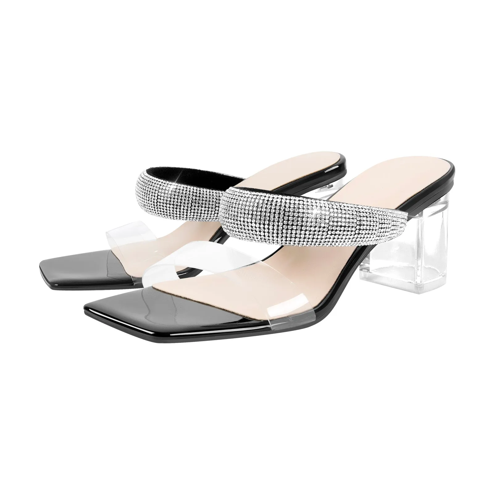 Mid Block Heel Diamante Slides - Clear Sandals