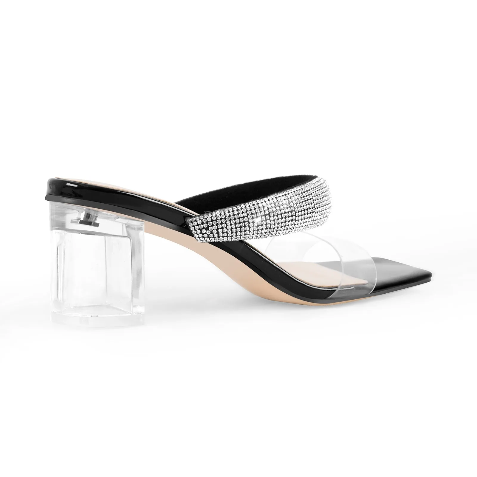 Mid Block Heel Diamante Slides - Clear Sandals